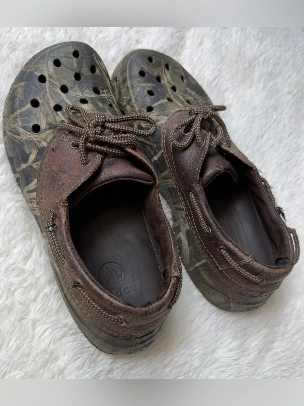 Men's Crocs Camo Mossy Oak Leather Boat Shoes Size 13 Outdoor Casual